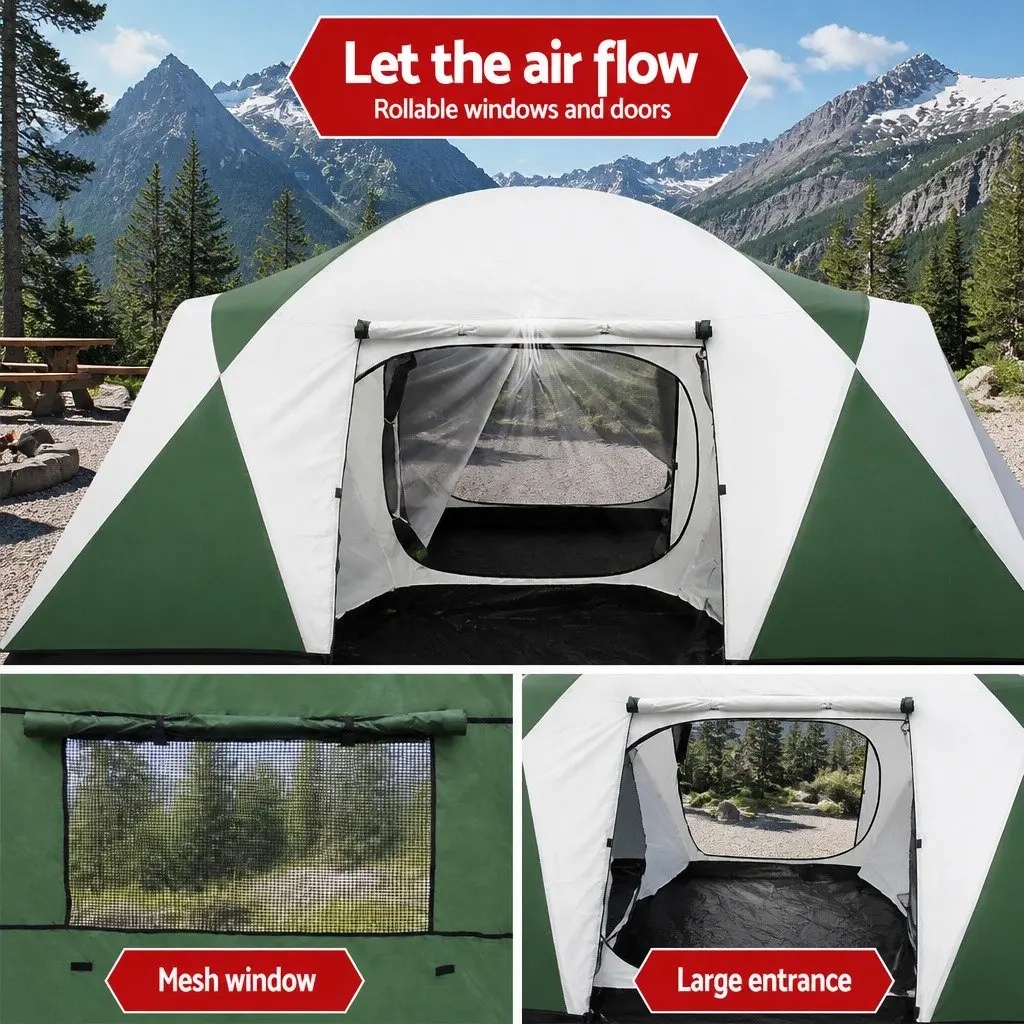 12 Person Dome Camping Tent 3 Room Family Hiking Beach Outdoor Green Shelter