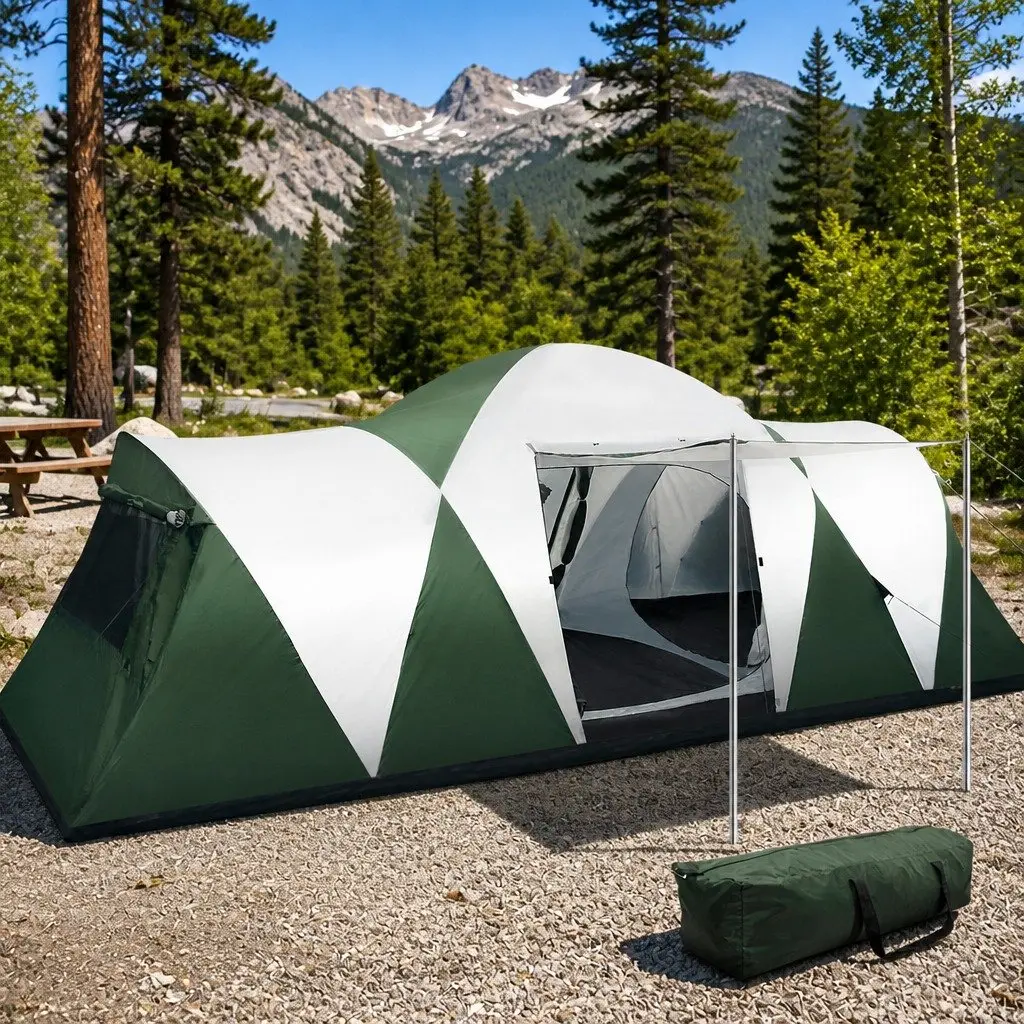 12 Person Dome Camping Tent 3 Room Family Hiking Beach Outdoor Green Shelter
