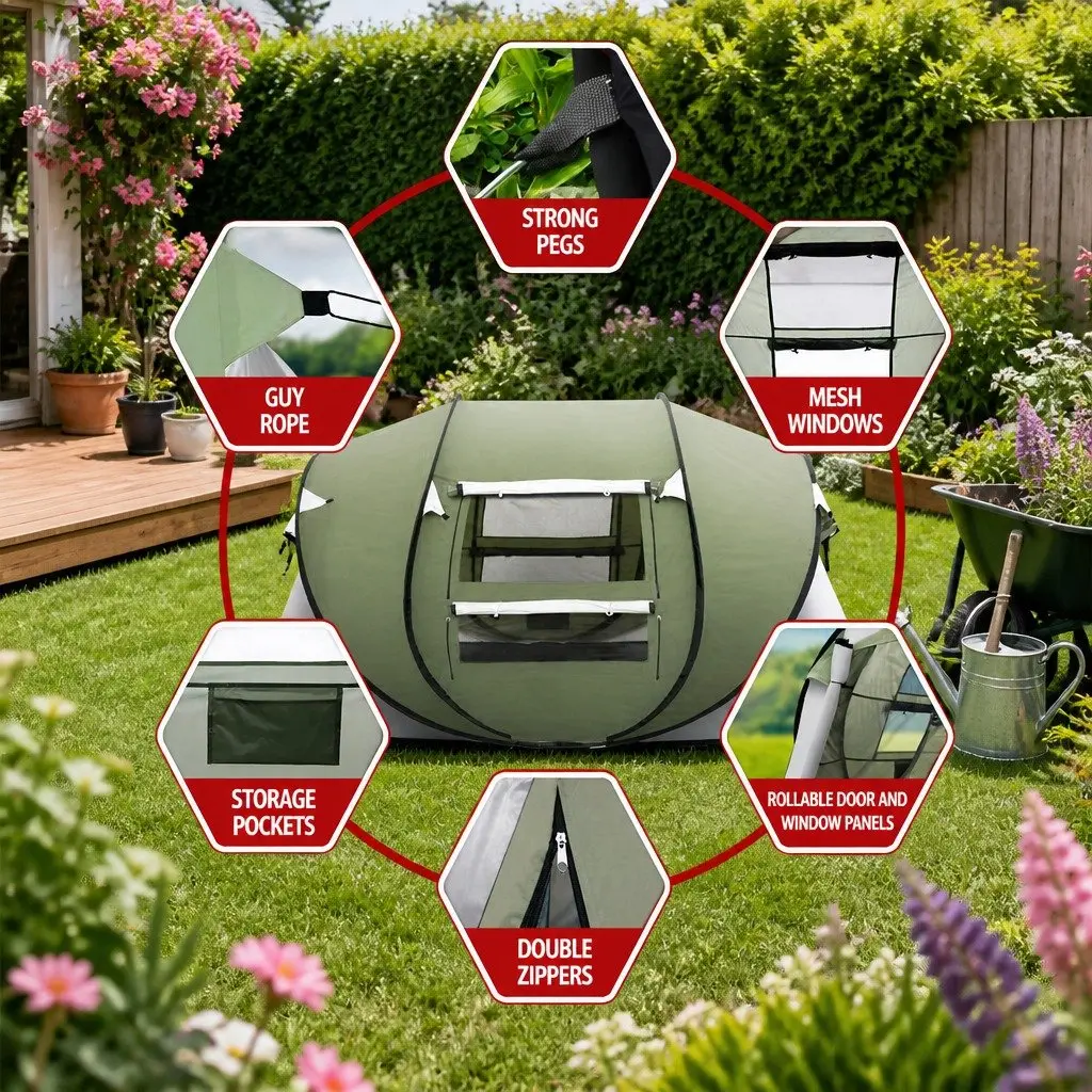 Pop Up Camping Tent 4-5 Person Dome Outdoor Green