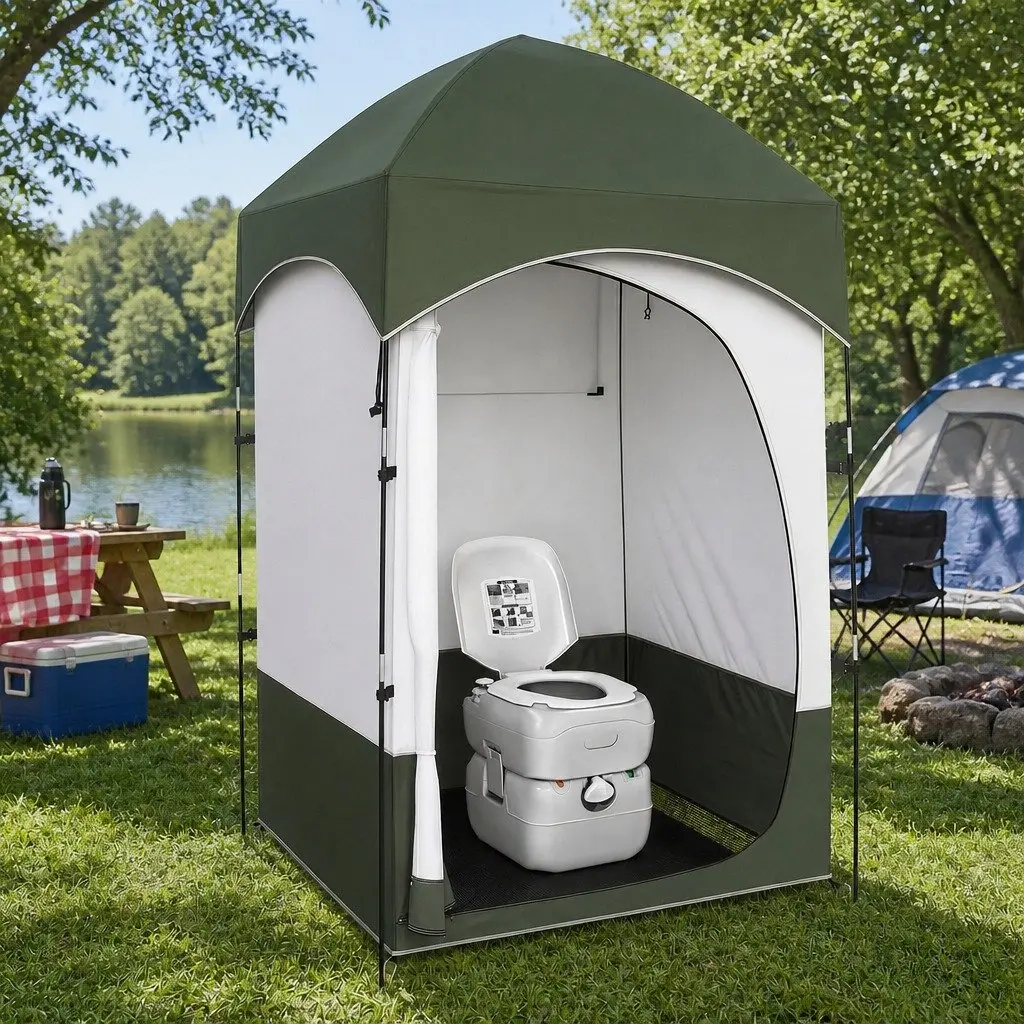 Portable Camping Toilet Shower Tent Privacy Ensuite Set 1 Person 14L Freshwater 22L Waste Tank 120cm x 120cm x 215cm