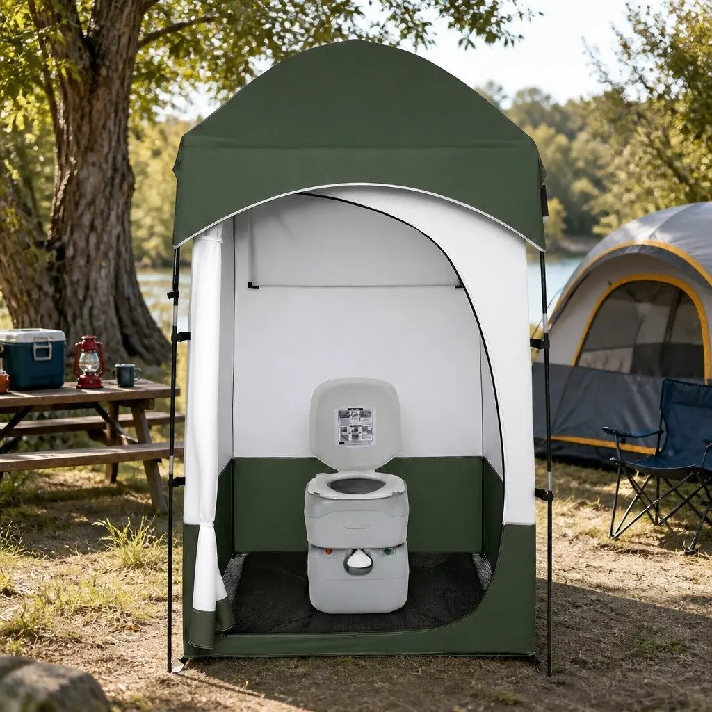 Portable Camping Toilet Shower Tent Privacy Ensuite Set 1 Person 14L Freshwater 22L Waste Tank 120cm x 120cm x 215cm
