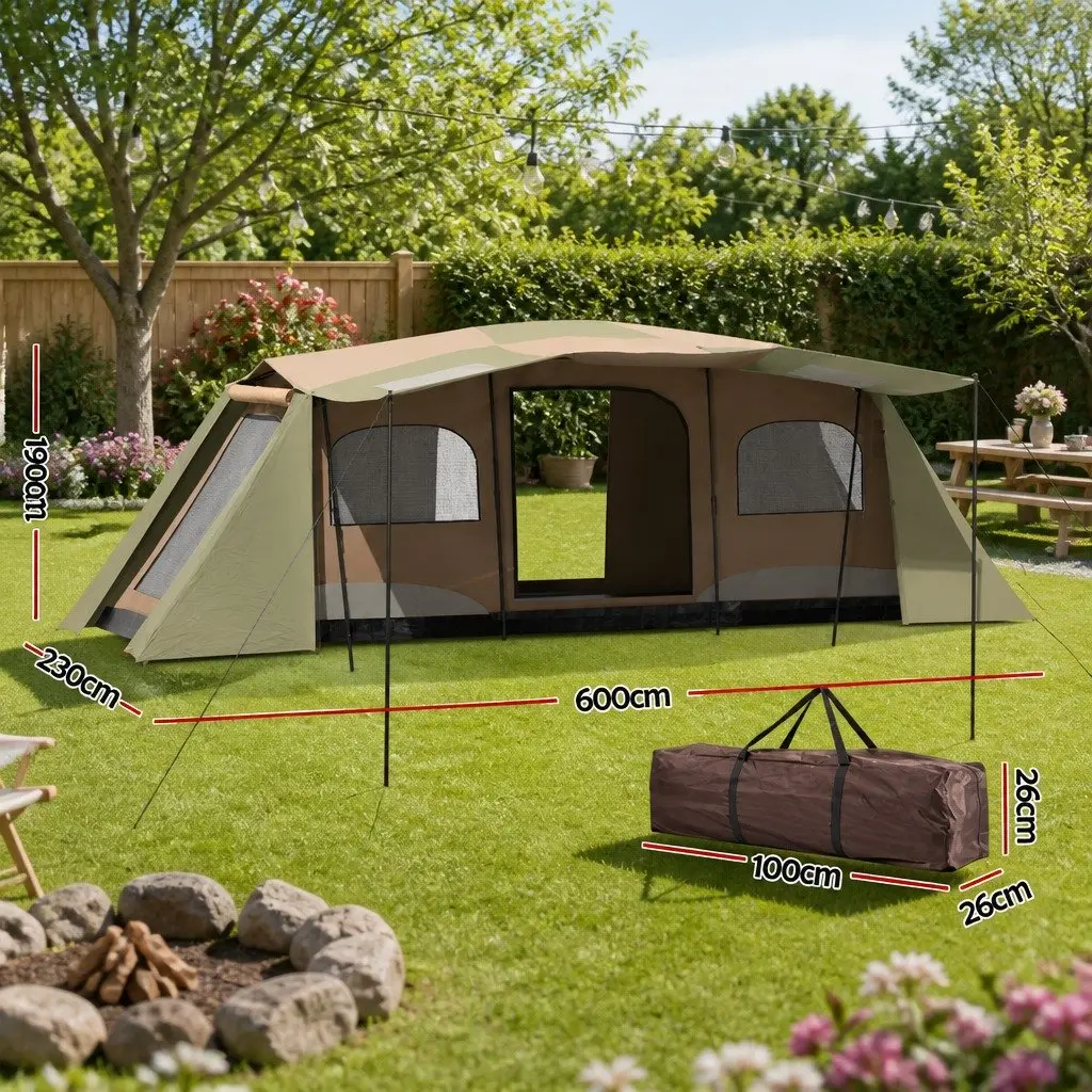 10 Person Camping Tent Outdoor Hiking 3 Room Shelter Brown