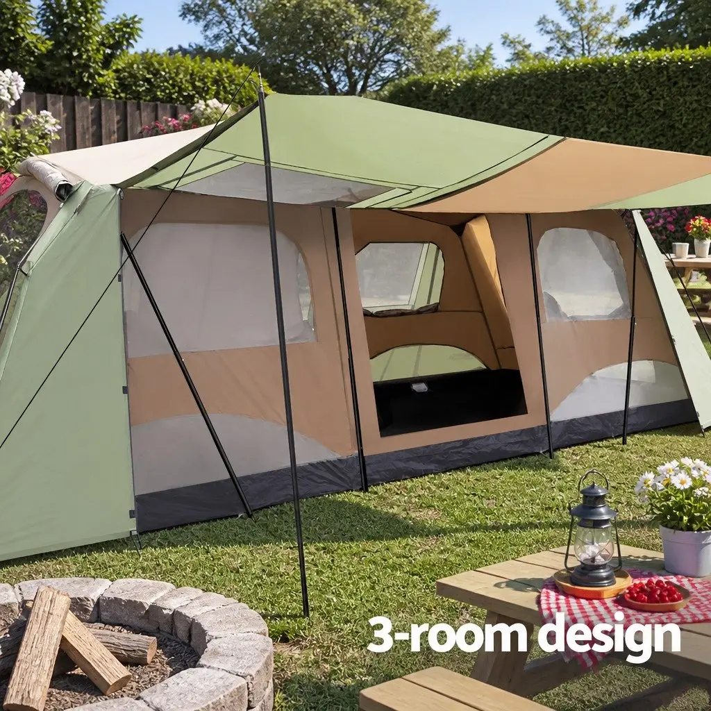 10 Person Camping Tent Outdoor Hiking 3 Room Shelter Brown