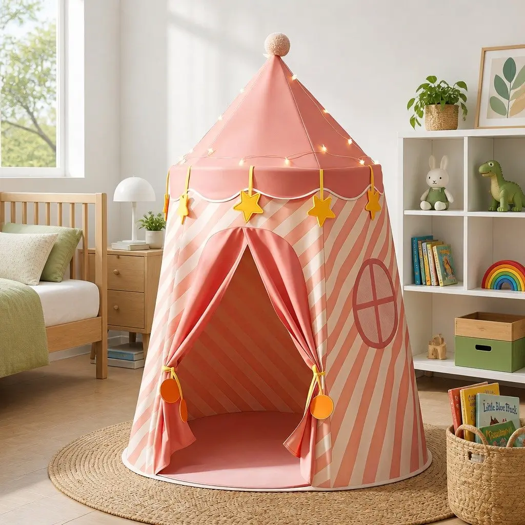 Kids Play Tent Playhouse with Star Lights Window Carry Bag Pink 116cm x 153cm