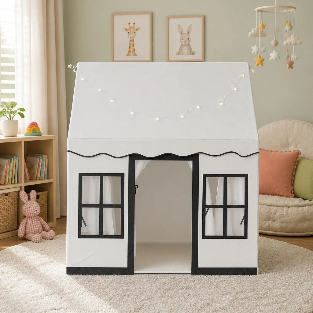 Kids Play Tent Castle Playhouse with String Lights Floor Mat Side Pocket White