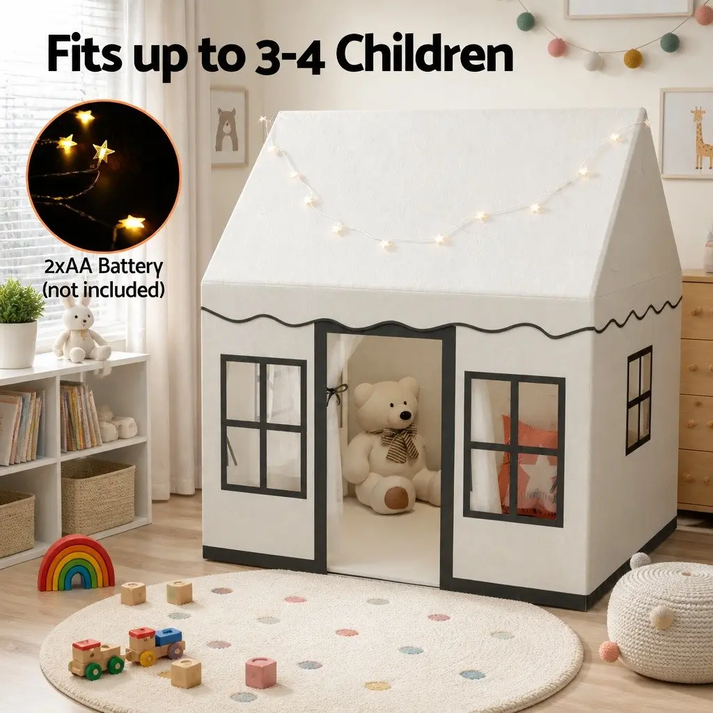 Kids Play Tent Castle Playhouse with String Lights Floor Mat Side Pocket White