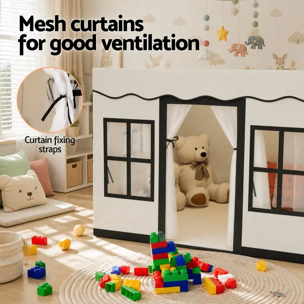 Kids Play Tent Castle Playhouse with String Lights Floor Mat Side Pocket White