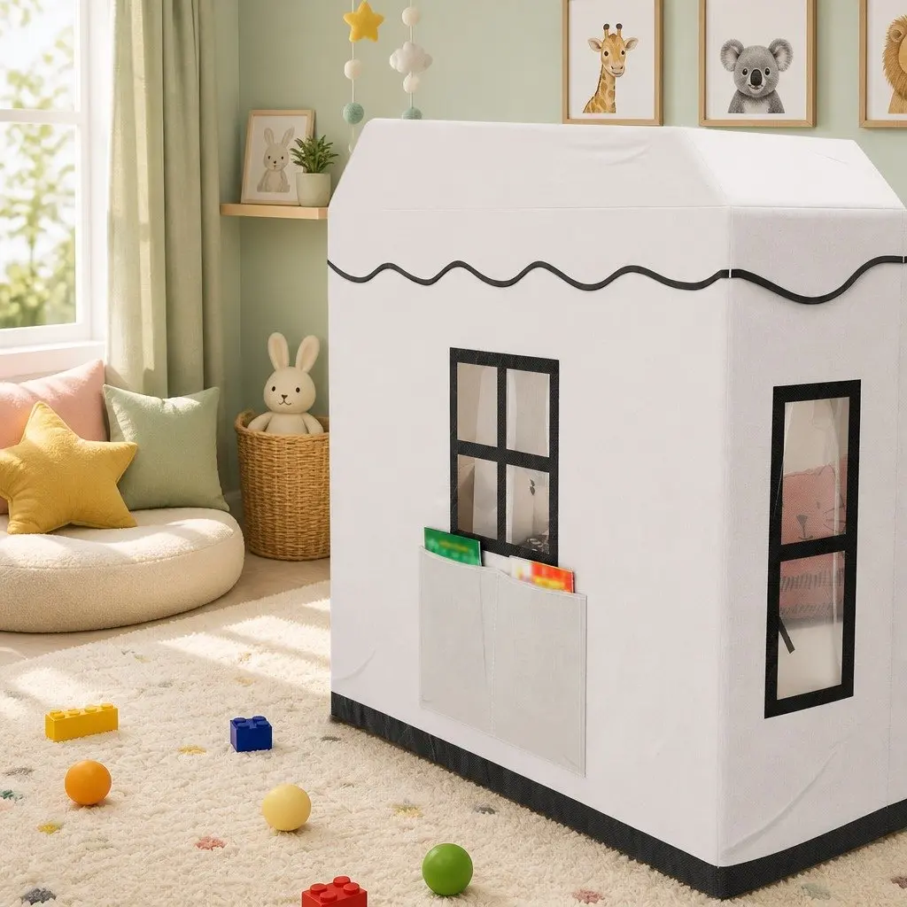 Kids Play Tent Castle Playhouse with String Lights Floor Mat Side Pocket White