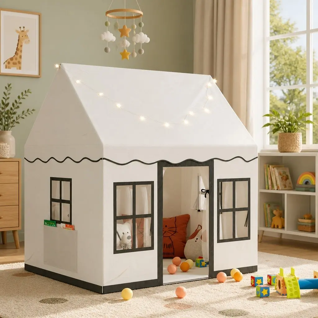 Kids Play Tent Castle Playhouse with String Lights Floor Mat Side Pocket White