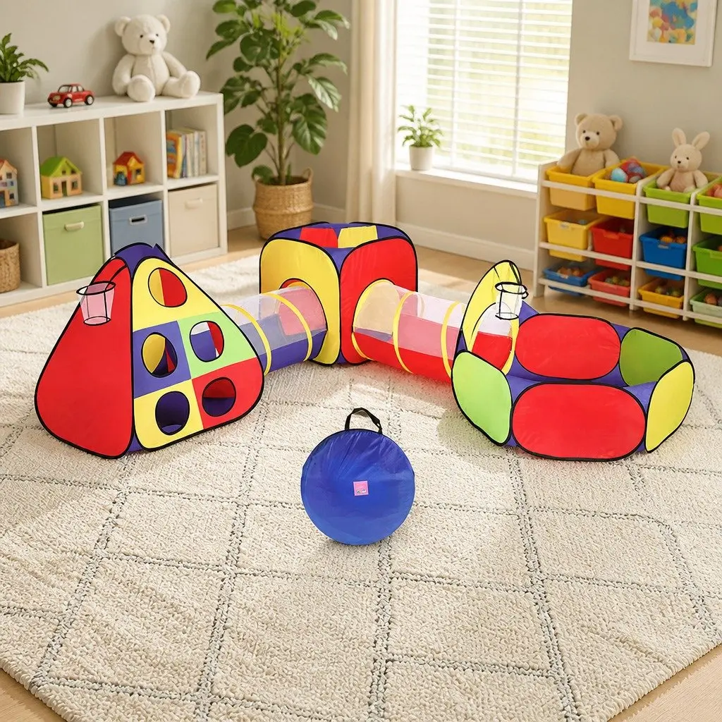 Kids Play Tent Teepee Playhouse Crawl Tunnel Ball Pit Basketball Hoop Indoor