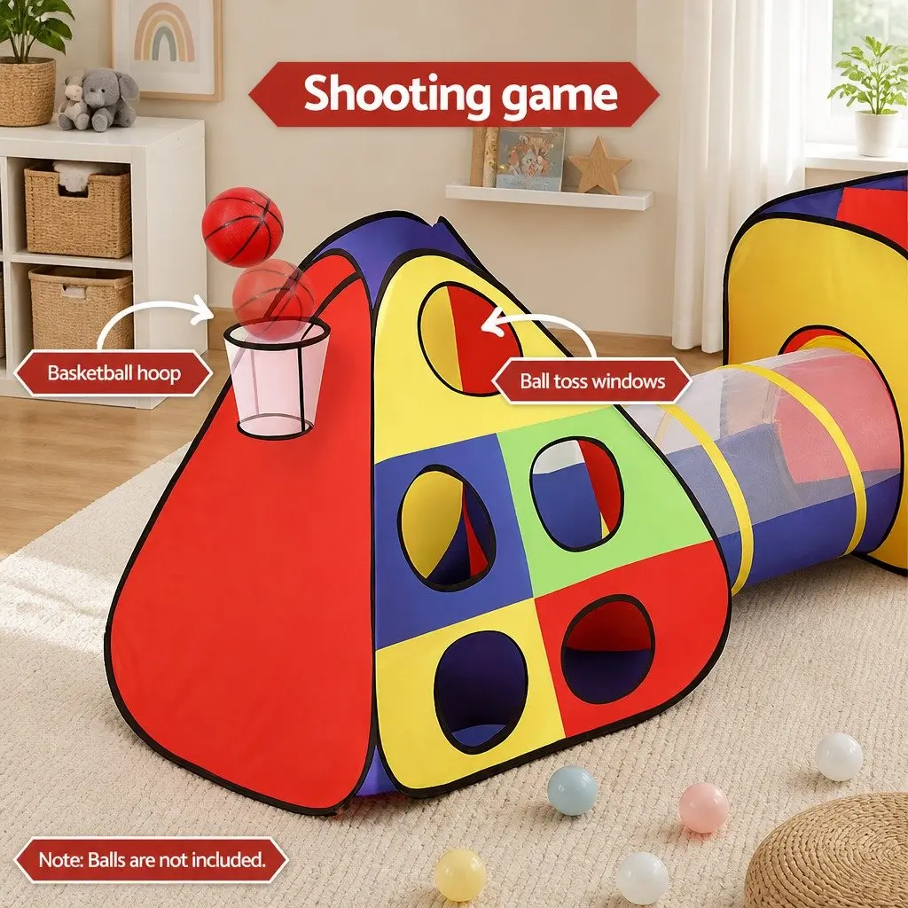 Kids Play Tent Teepee Playhouse Crawl Tunnel Ball Pit Basketball Hoop Indoor