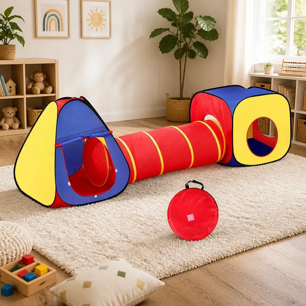 Kids 3-in-1 Play Tent Indoor Outdoor Teepee Cube Playhouse Crawl Tunnel