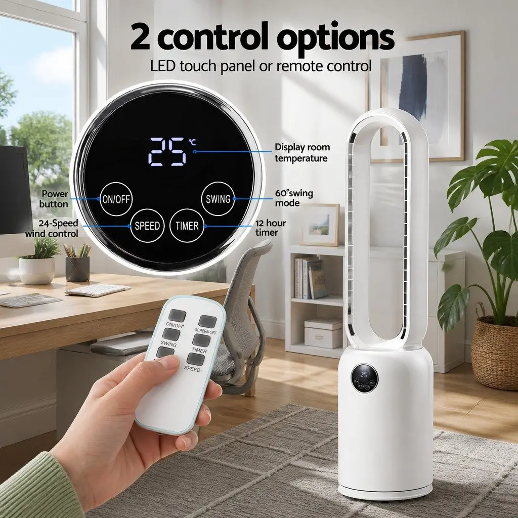 Bladeless Fan for Bedroom Office Living Space 88cm with Remote Control 24 Speed Air Purification