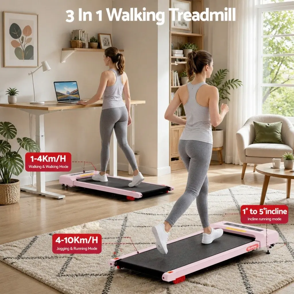 Electric Walking Pad Treadmill Home Office Gym Compact Under Desk Pink