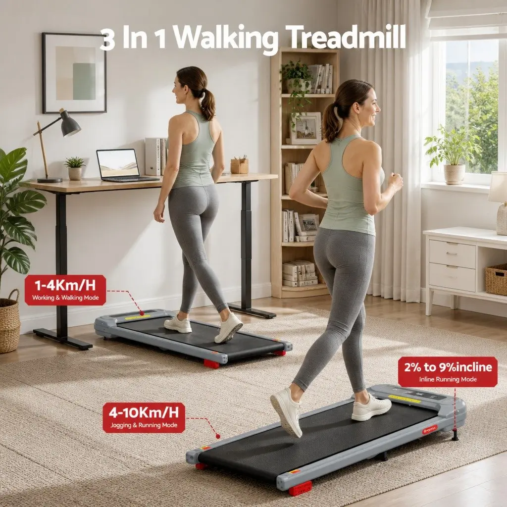 Electric Treadmill Walking Pad 3 Level Incline Under Desk Home Gym Grey