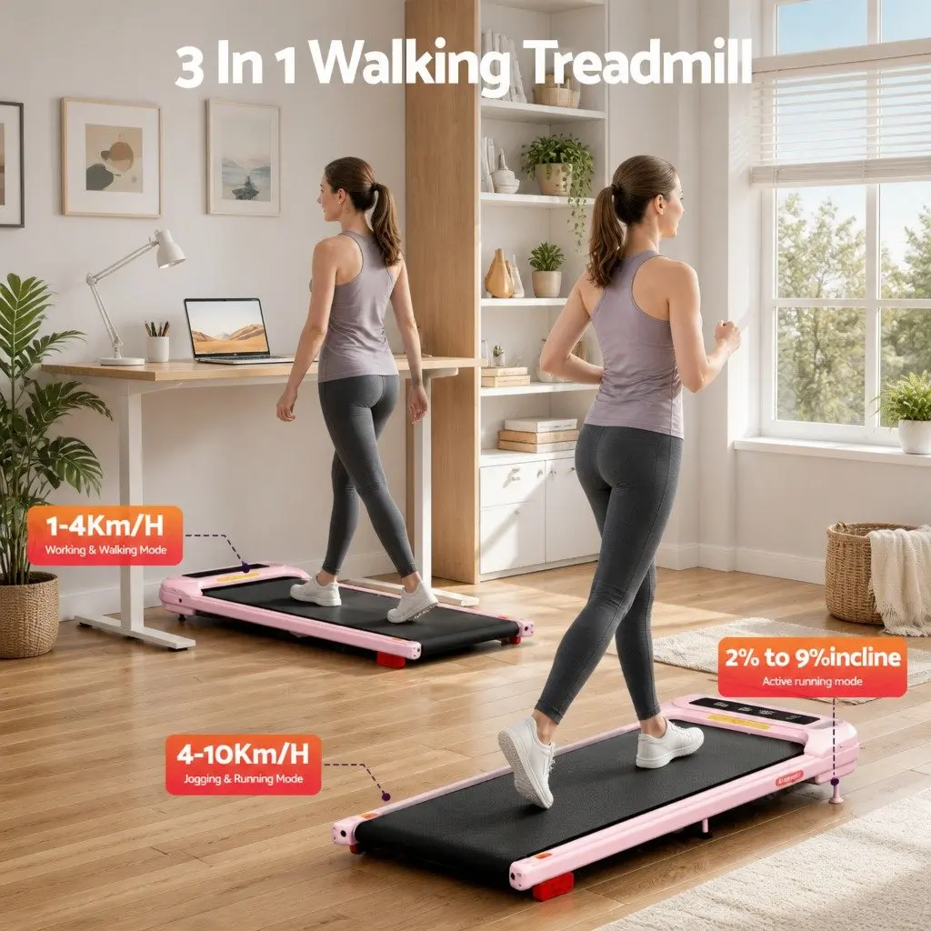 Electric Walking Pad Treadmill 3-Level Incline Under Desk Home Gym Pink