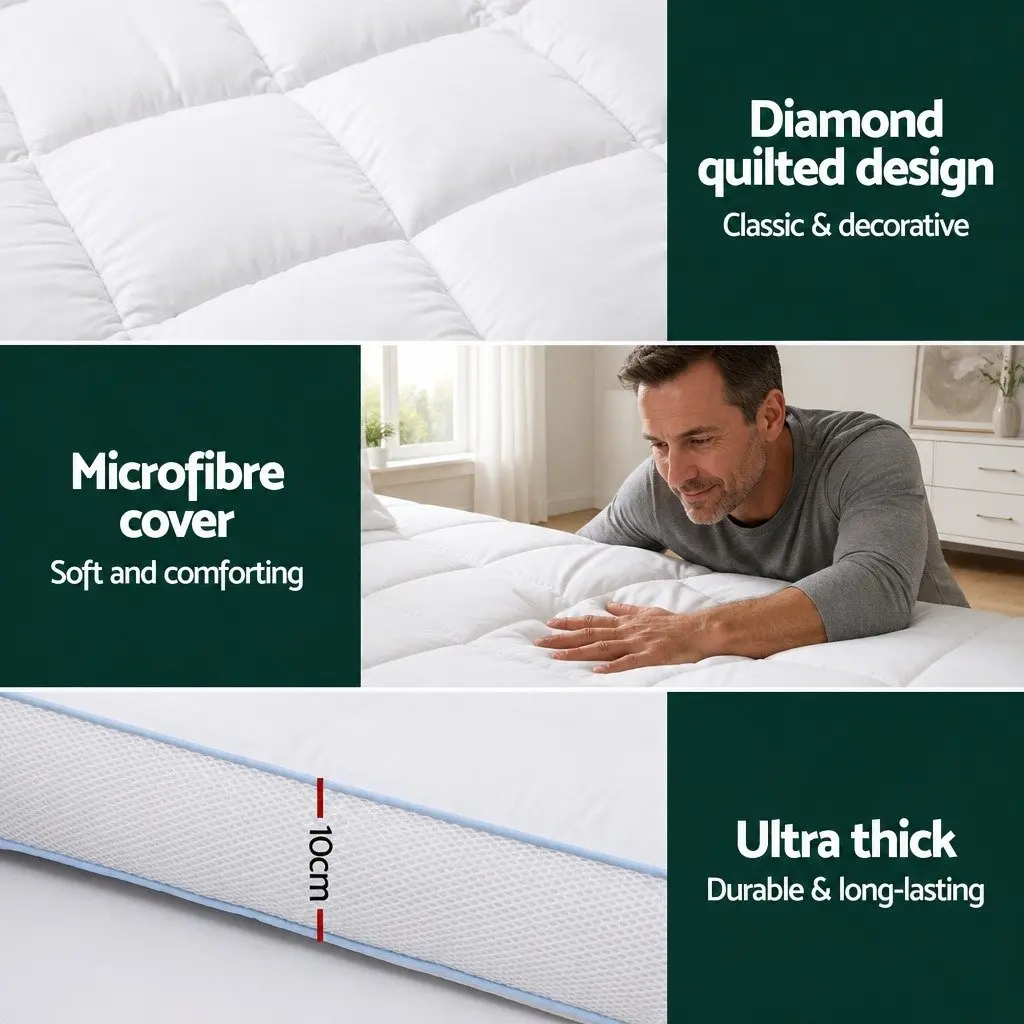 Pillowtop Mattress Topper Double Bed 10cm Thick White Cooling Underlay