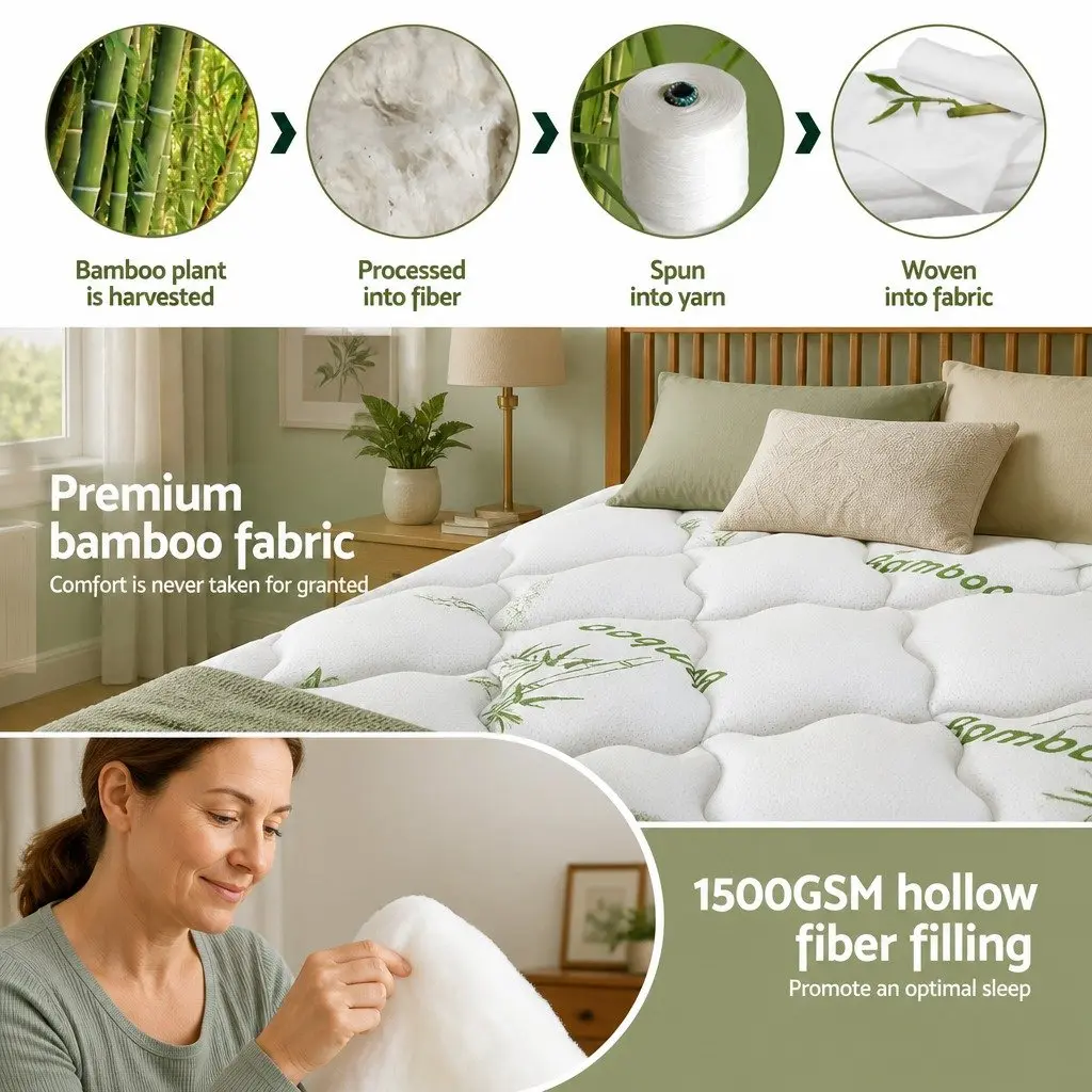 Pillowtop Mattress Topper Double Bed 11cm Thick Bamboo Blend Cover 1500GSM Hollow Fibre