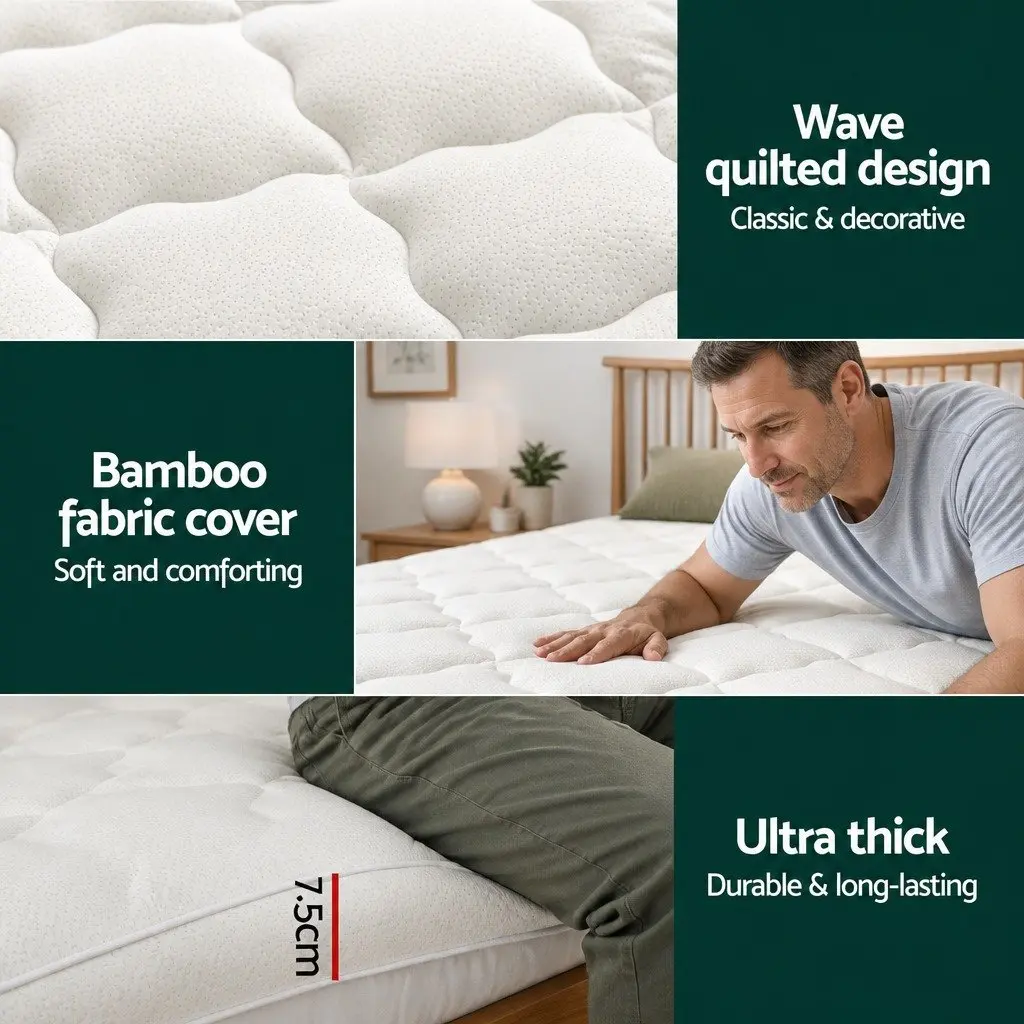 King Mattress Topper for Bed 7.5cm Thick Bamboo Cover Washable