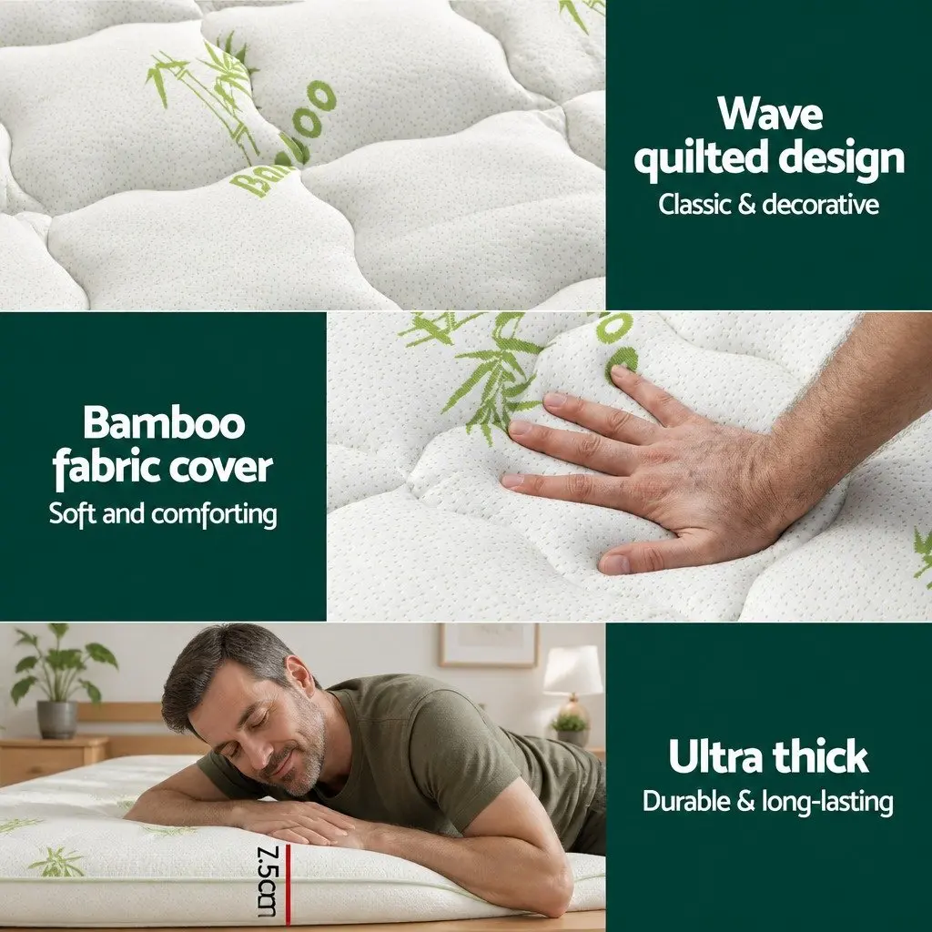 King Mattress Topper for Bed 7.5cm Thick Bamboo Cover Washable