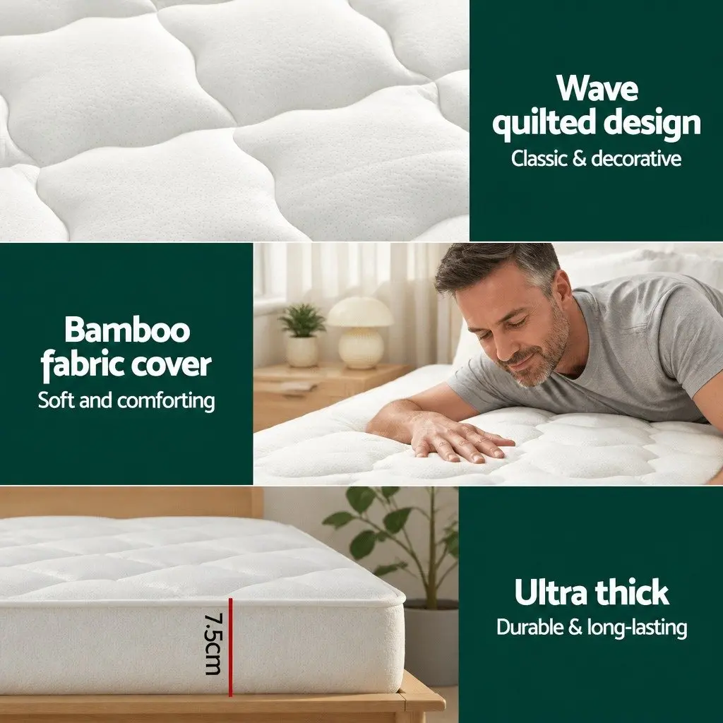 Pillowtop Mattress Topper 7.5cm Thick Queen Bed Protector Bamboo Cover Washable