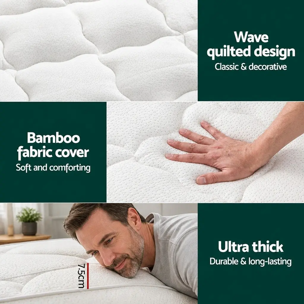 Pillowtop Mattress Topper 7.5cm Thick Queen Bed Protector Bamboo Cover Washable