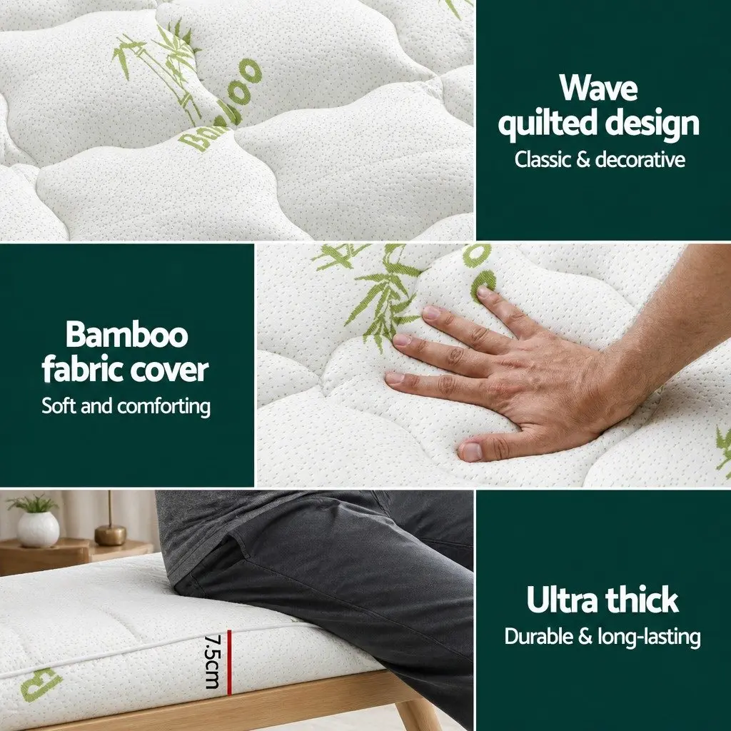 Pillowtop Mattress Topper Single Bed 7.5cm Bamboo Cover Deep Pocket White