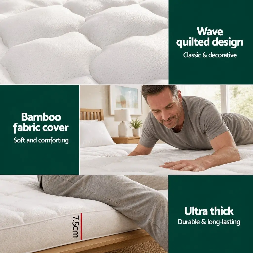 Pillowtop Mattress Topper Single Bed 7.5cm Bamboo Cover Deep Pocket White