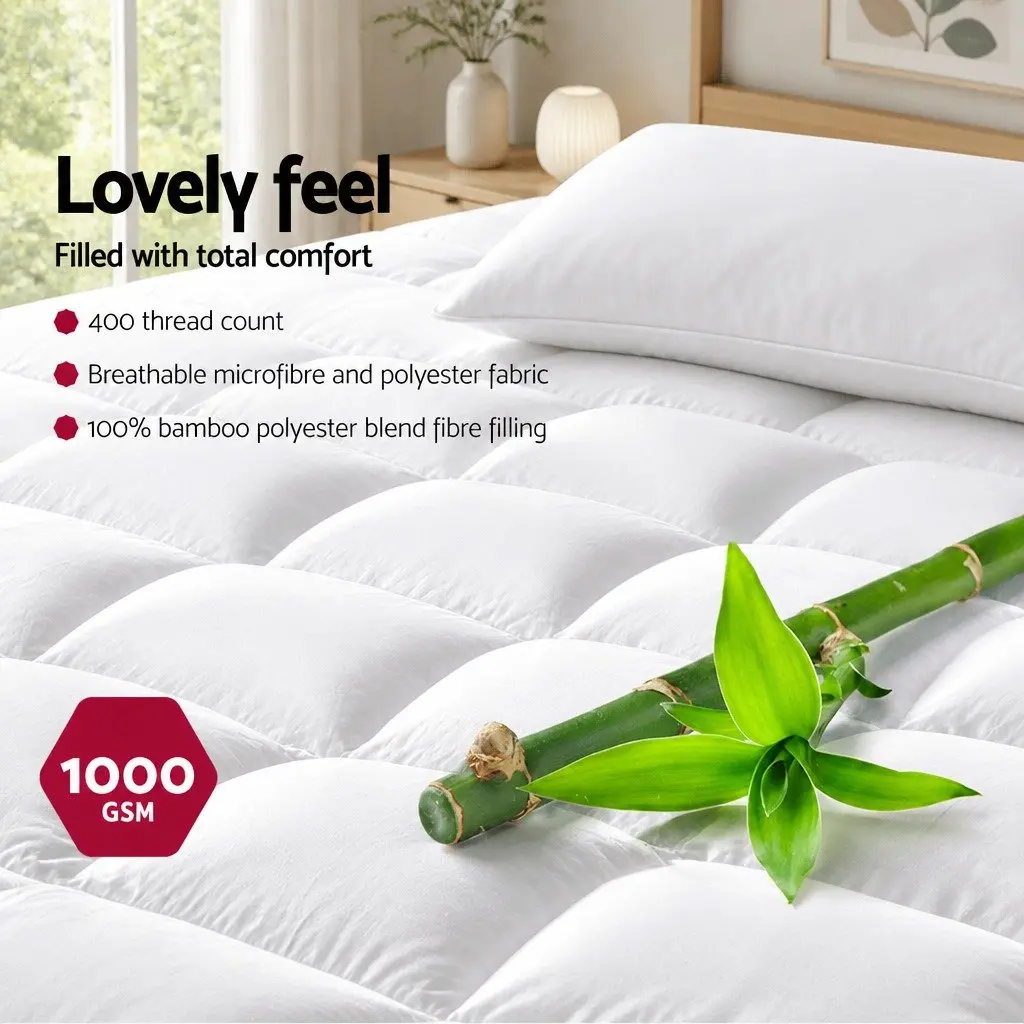 Double Mattress Topper 5cm Bamboo Charcoal Microfibre Pillowtop Pad 45cm Deep