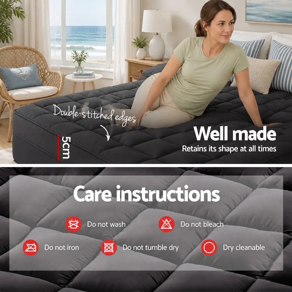 King Single Mattress Topper 5cm Thick Pillowtop Pad for Bedroom Grey