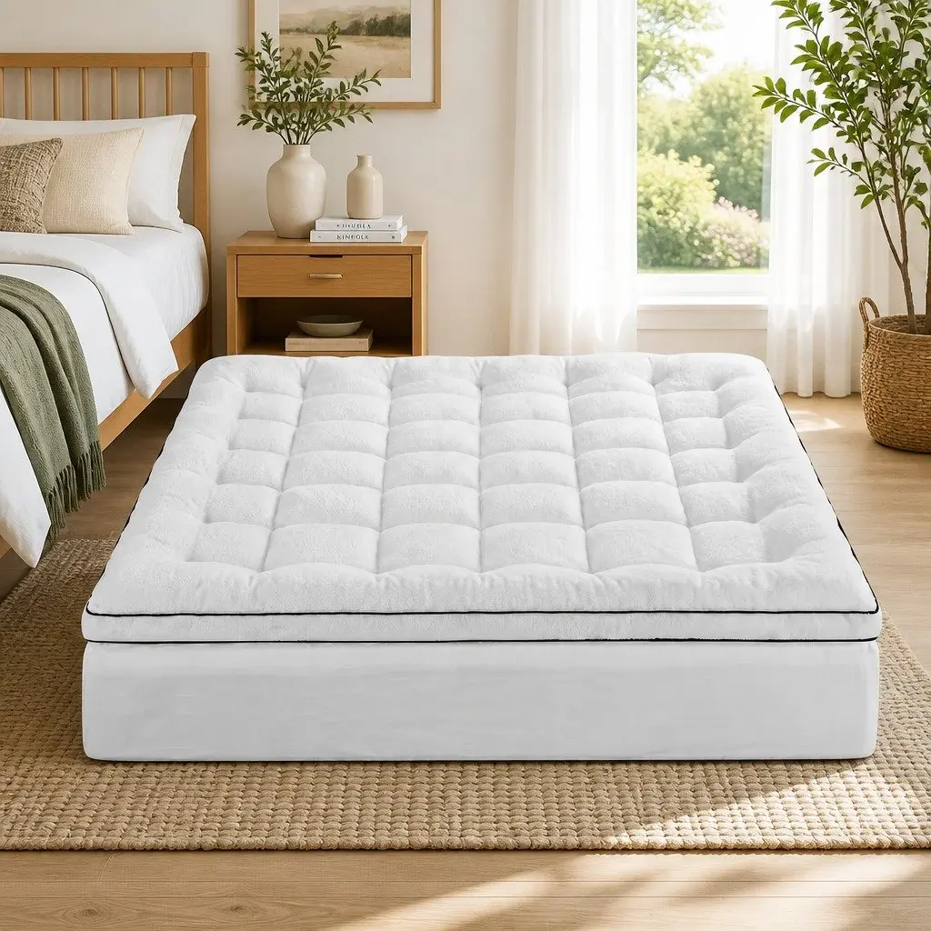 King Mattress Topper for Bedroom 5cm Thick Pillowtop Coral Fleece Cover
