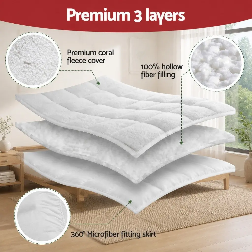 King Mattress Topper for Bedroom 5cm Thick Pillowtop Coral Fleece Cover