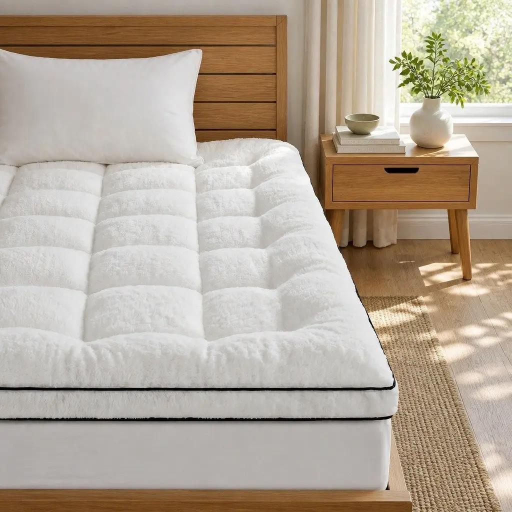 Mattress Topper King Single 5cm Coral Fleece Pillowtop Fitted Elastic Warm
