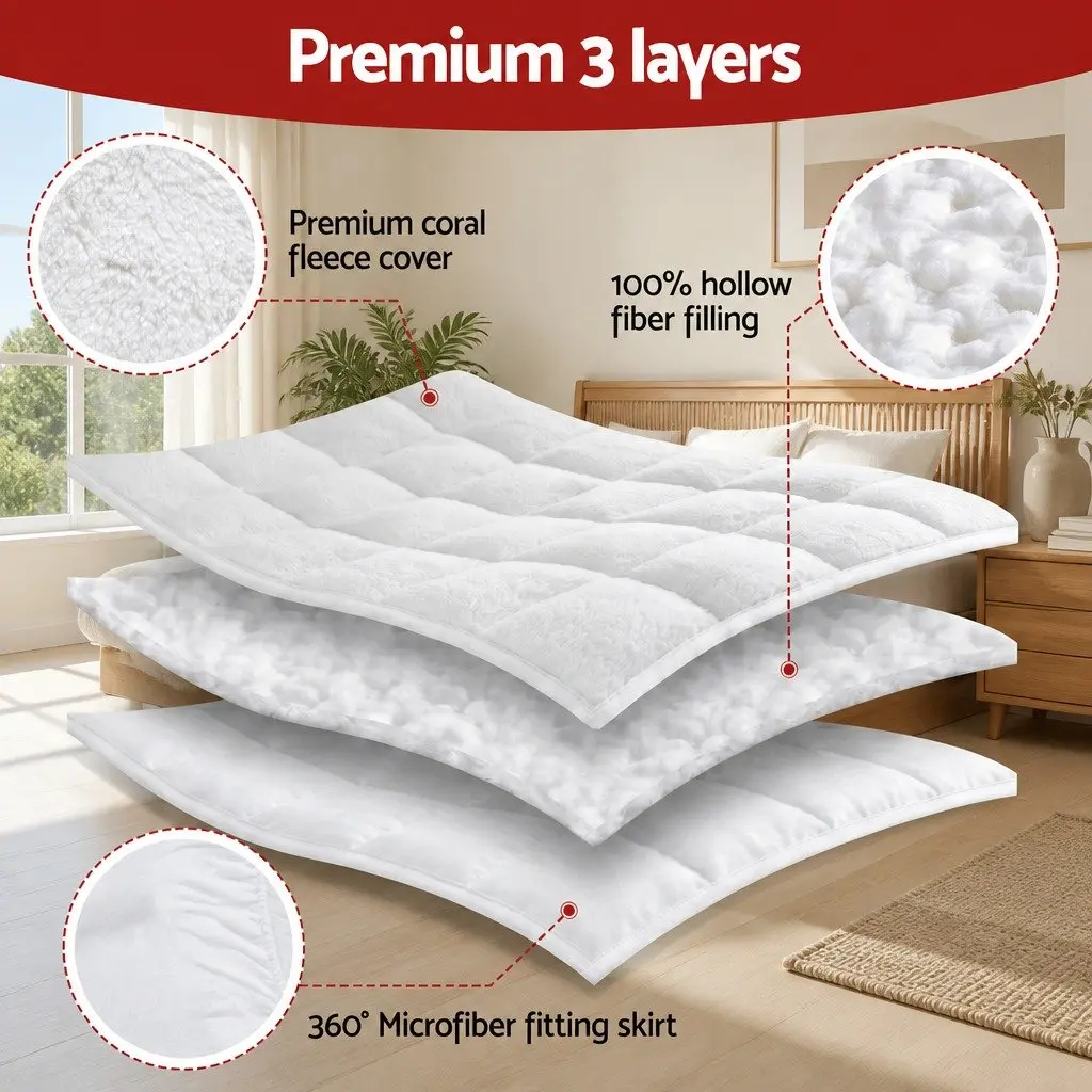 Mattress Topper King Single 5cm Coral Fleece Pillowtop Fitted Elastic Warm