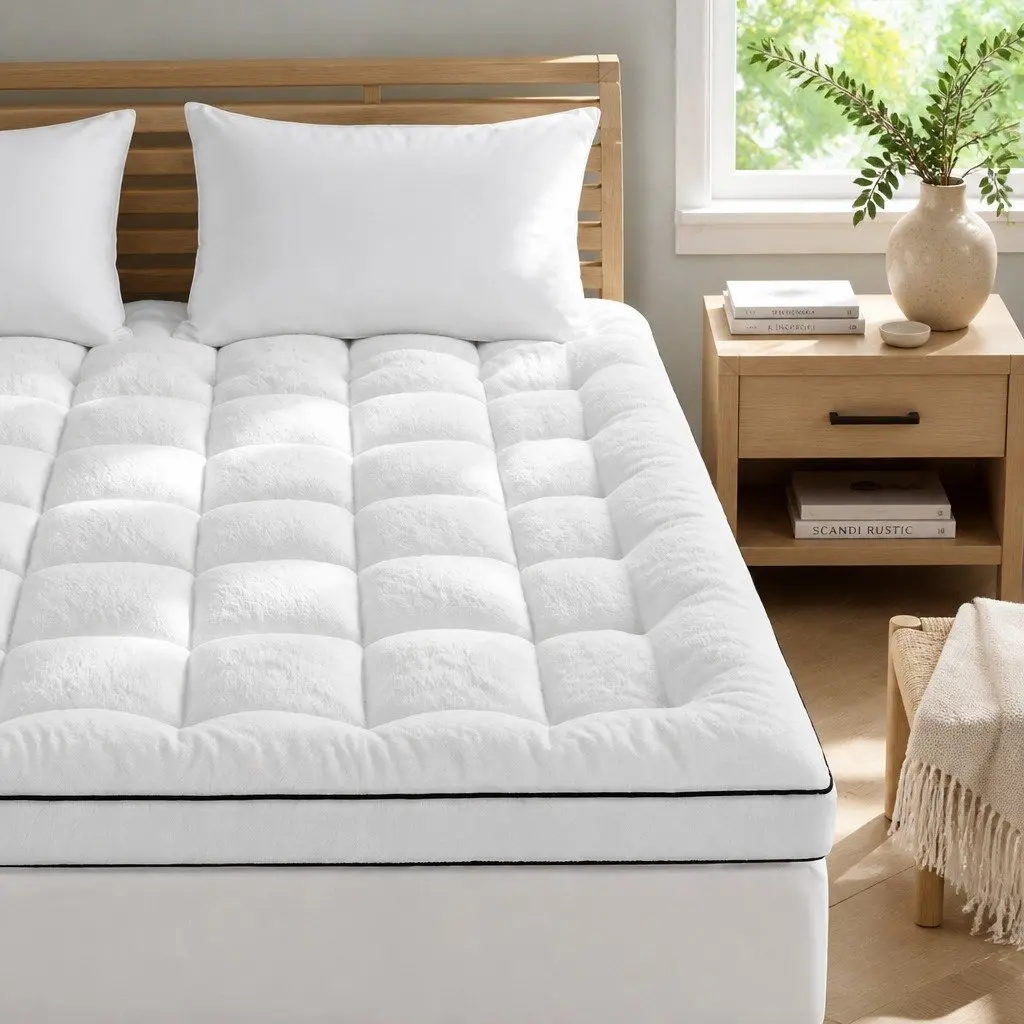 Queen Mattress Topper for Bedroom 5cm Pillowtop Coral Fleece Fitted Baffle Box Stitch