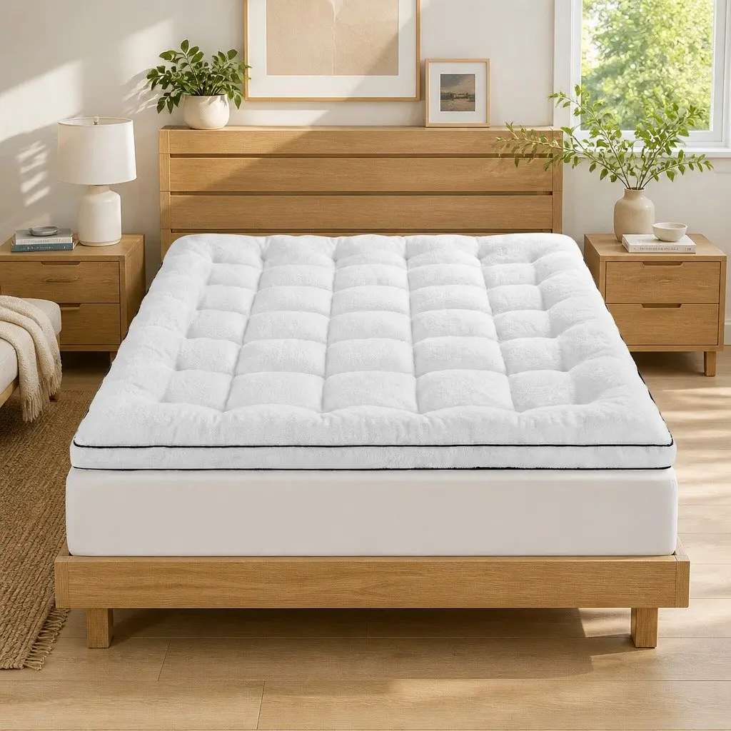 Queen Mattress Topper for Bedroom 5cm Pillowtop Coral Fleece Fitted Baffle Box Stitch