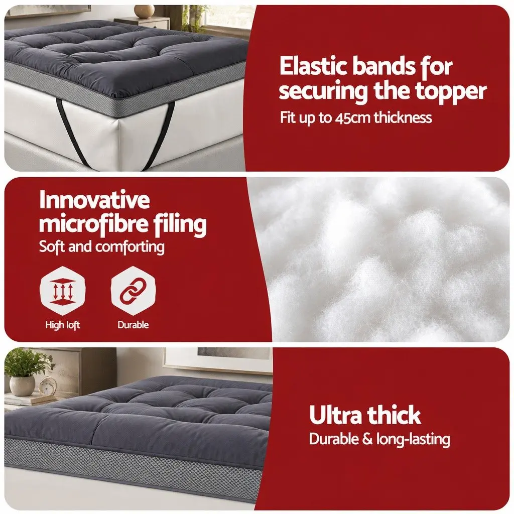 King Pillowtop Mattress Topper 5cm Bamboo Polyester Fibre Pad Breathable