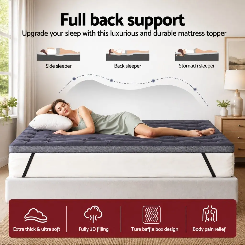 Queen Mattress Topper 5cm Pillowtop Bamboo Polyester Fibre Pad Washable