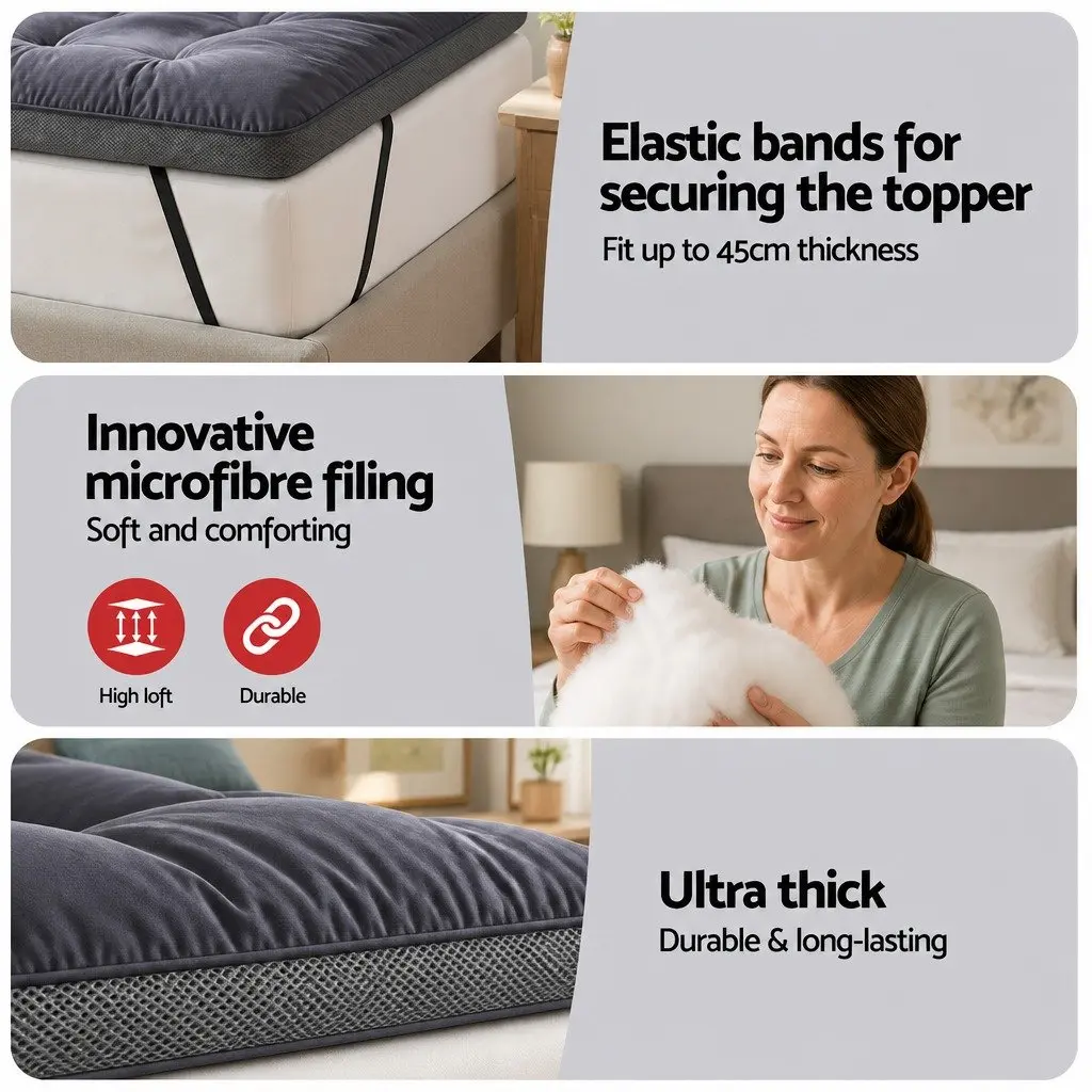 Mattress Topper Single Bed 5cm Breathable Washable Grey