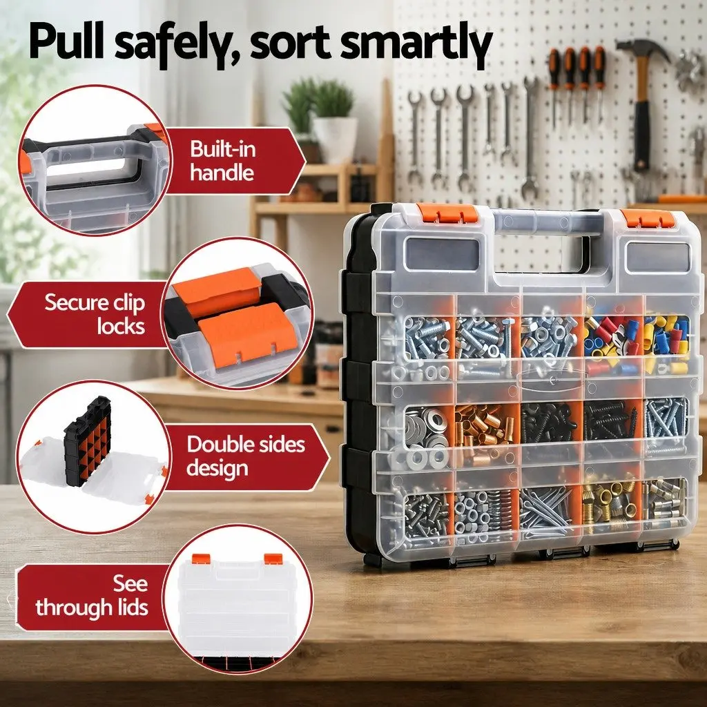 Double Sided Tool Box Organizer for Hardware 34 Compartment