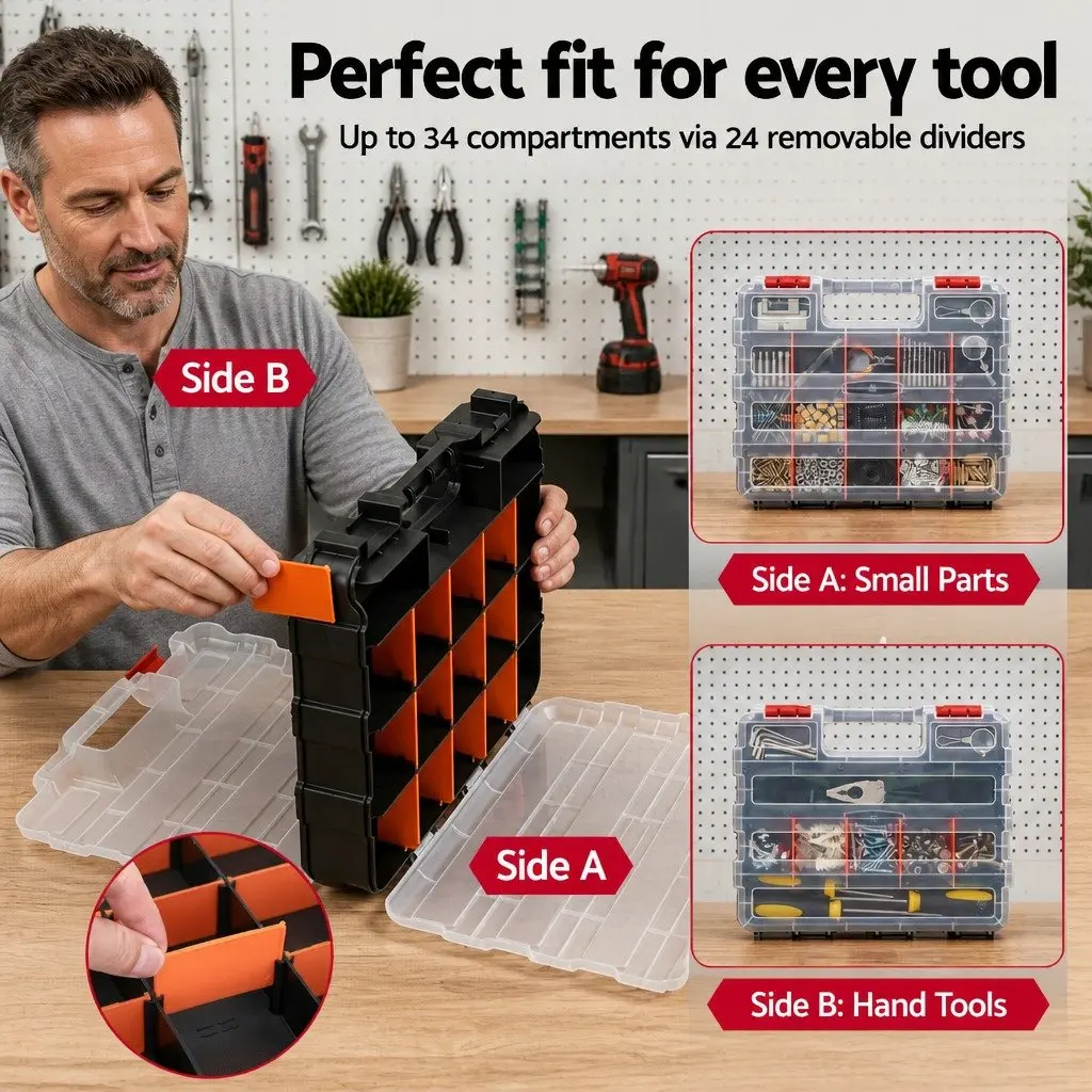 Double Sided Tool Box Organizer for Hardware 34 Compartment