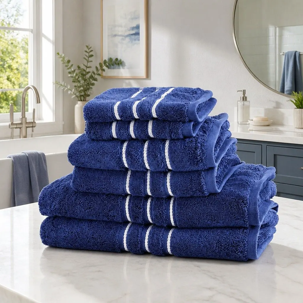 6 Pack Bath Towels Set Cotton Navy Blue Soft Absorbent Quick Drying Home