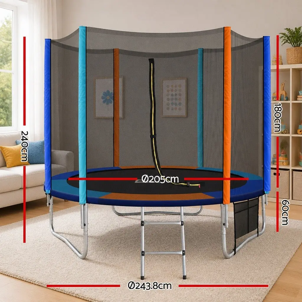 8FT Kids Trampoline Round Bouncer with Safety Enclosure Net Ladder Pad Rainbow