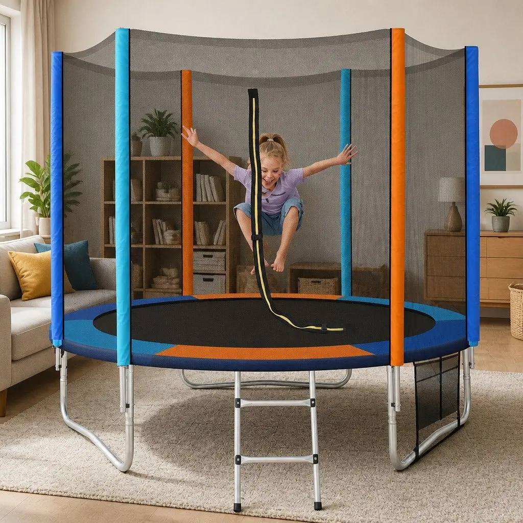 8FT Kids Trampoline Round Bouncer with Safety Enclosure Net Ladder Pad Rainbow