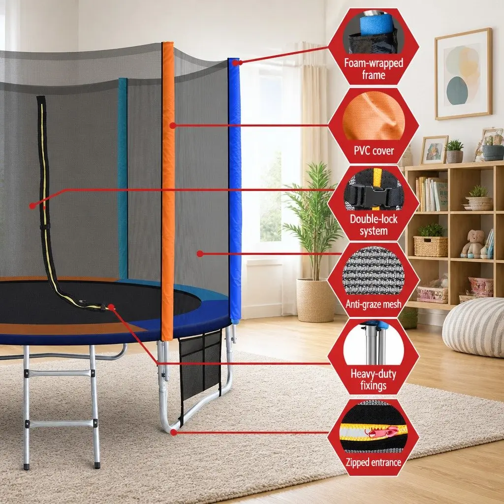 8FT Kids Trampoline Round Bouncer with Safety Enclosure Net Ladder Pad Rainbow