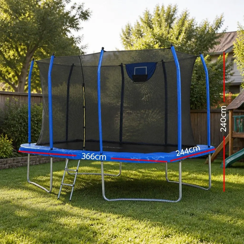 12FT Rectangle Kids Trampoline Rebounder Basketball Set Safety Net Enclosed