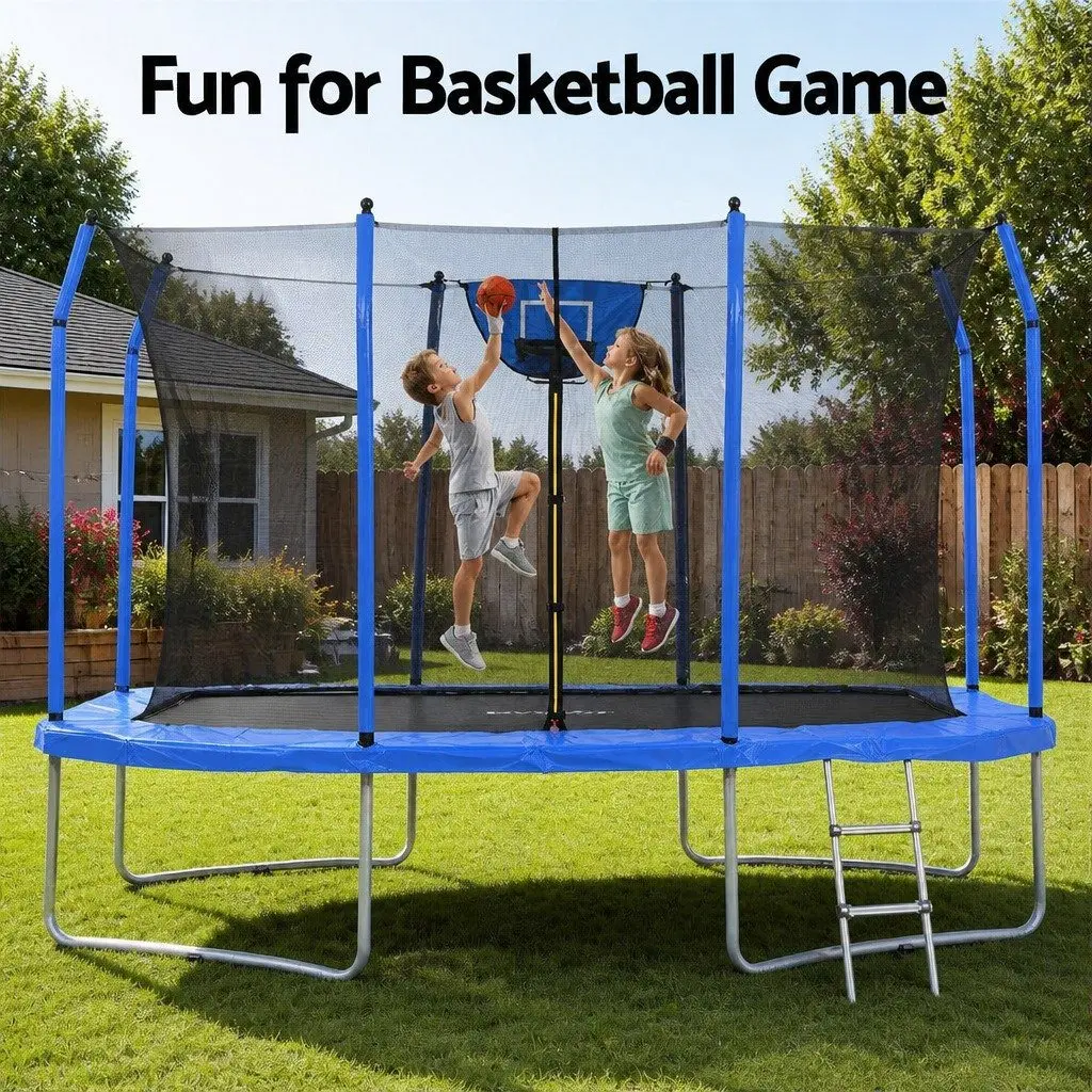 12FT Rectangle Kids Trampoline Rebounder Basketball Set Safety Net Enclosed
