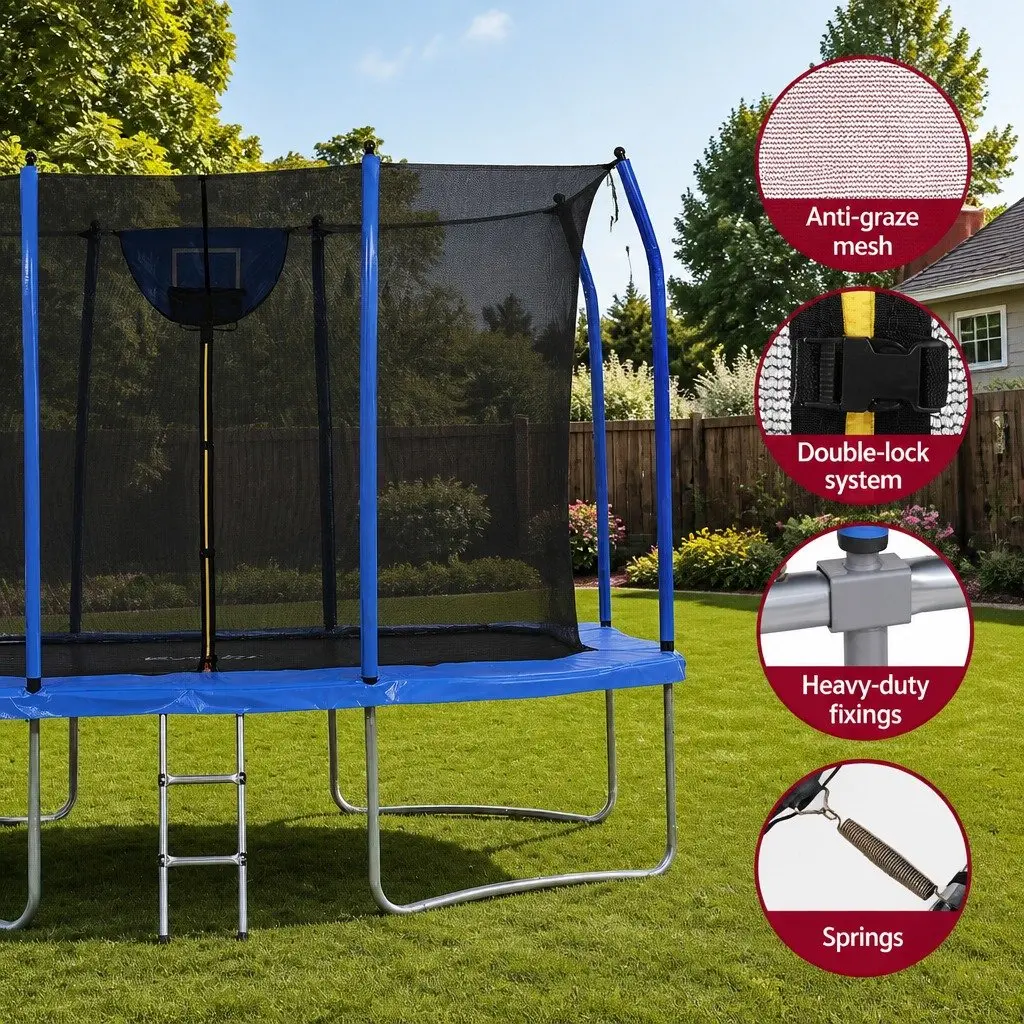12FT Rectangle Kids Trampoline Rebounder Basketball Set Safety Net Enclosed