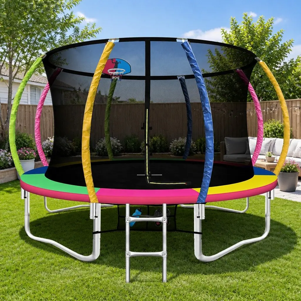 12ft Trampoline for Kids Outdoor Use with Safety Net and Basketball Hoop