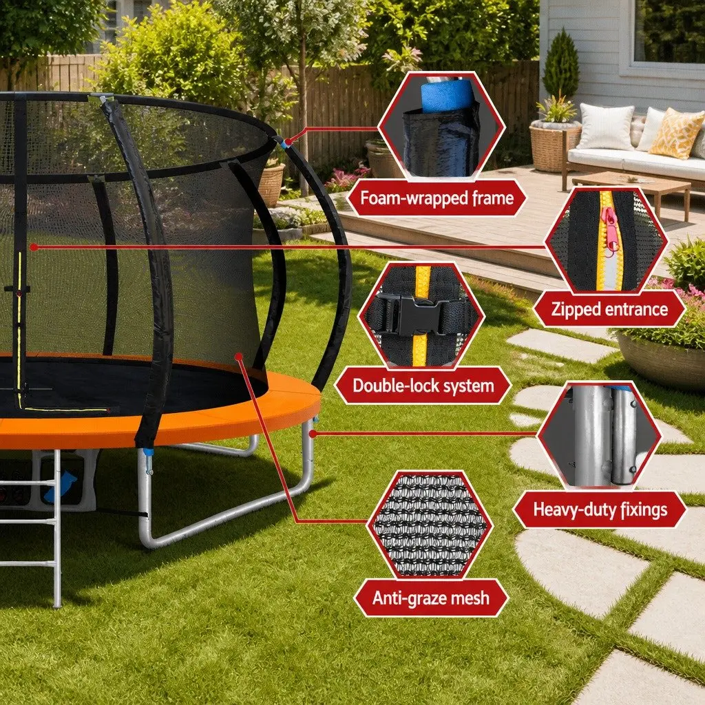12FT Trampoline for Kids Outdoor Play with Safety Enclosure Net Ladder and Basketball Set
